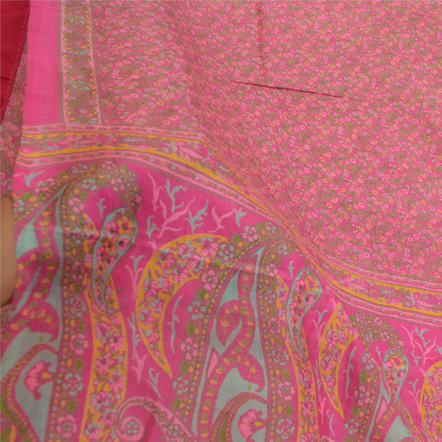 Sanskriti Vintage Sarees Pink Quilting Felting Craft Fabric Pure Silk Print Sari