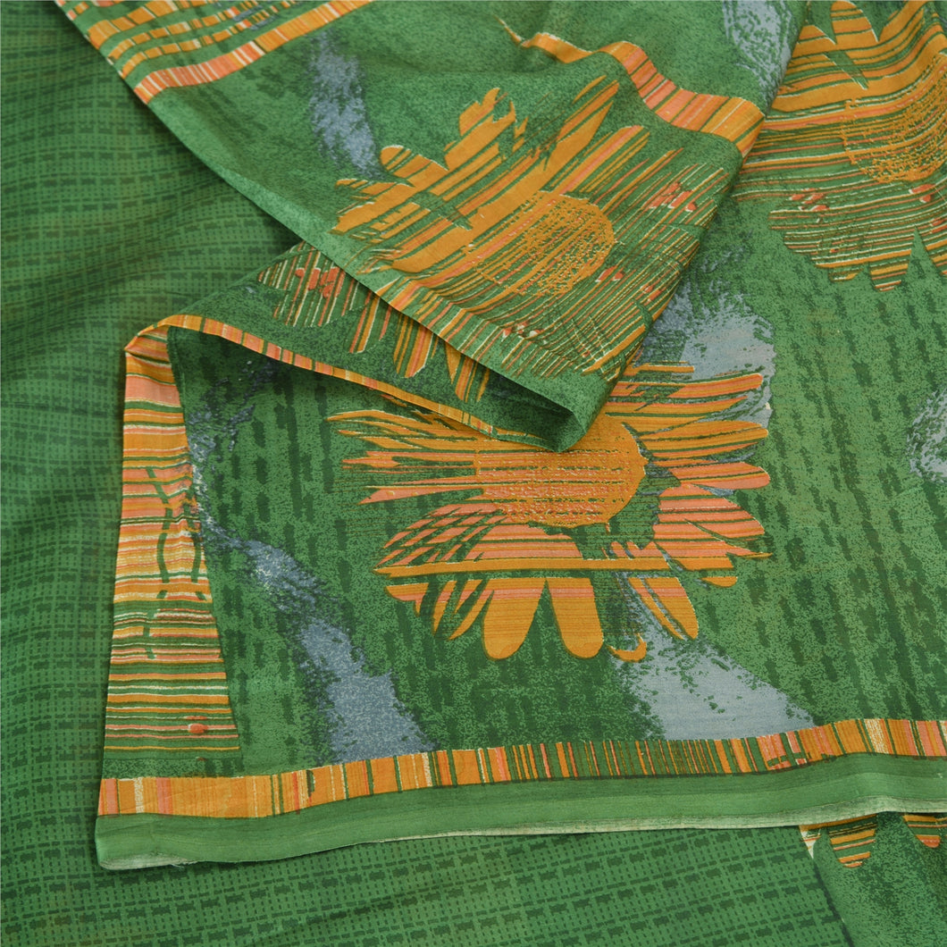 Sanskriti Vintage Sarees 5yd Green/Yellow Pure Silk Printed Sari 5ydCraft Fabric