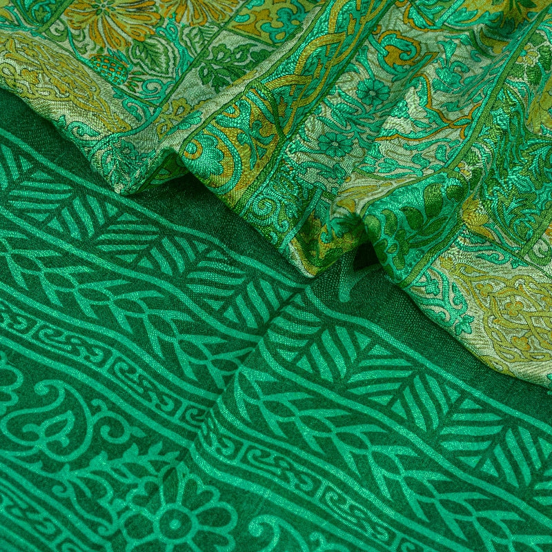 Sanskriti Vintage Sarees Indian Green Pure Silk Printed Sari 5yd Craft Sustainable Fabric