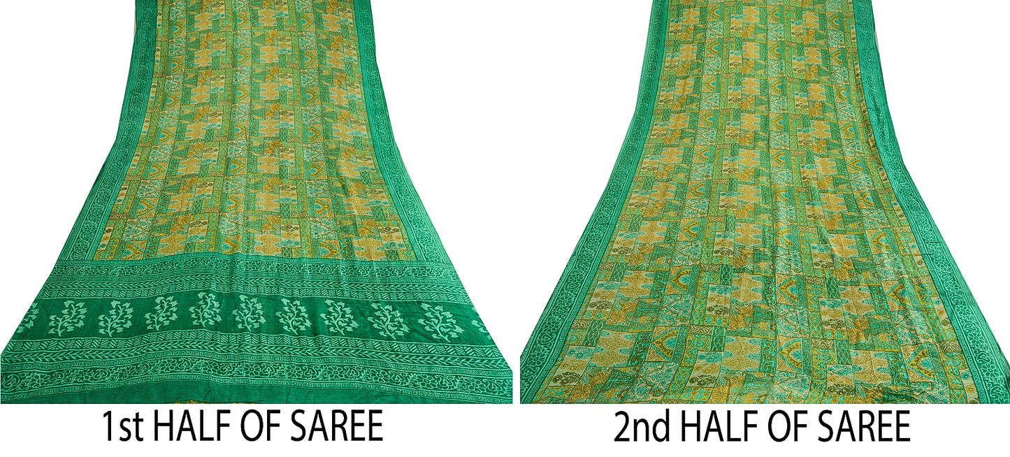 Sanskriti Vintage Sarees Indian Green Pure Silk Printed Sari 5yd Craft Sustainable Fabric