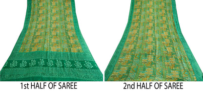 Sanskriti Vintage Sarees Indian Green Pure Silk Printed Sari 5yd Craft Sustainable Fabric
