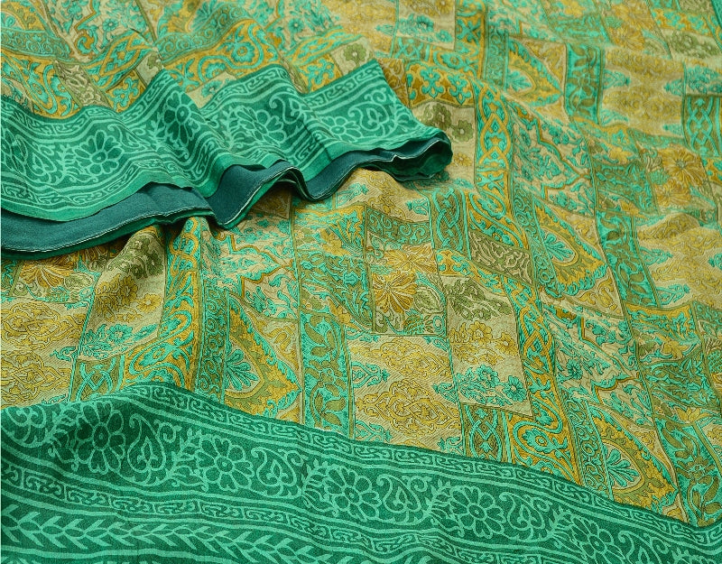 Sanskriti Vintage Sarees Indian Green Pure Silk Printed Sari 5yd Craft Sustainable Fabric