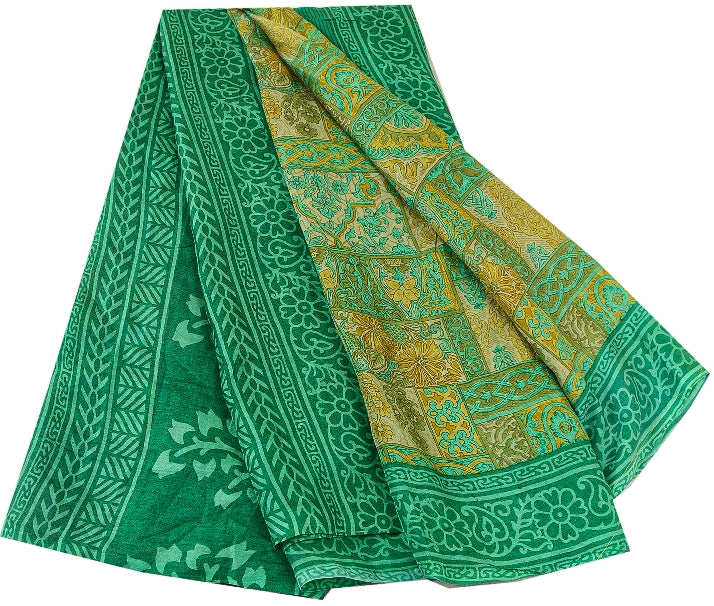 Sanskriti Vintage Sarees Indian Green Pure Silk Printed Sari 5yd Craft Sustainable Fabric