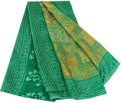 Sanskriti Vintage Sarees Indian Green Pure Silk Printed Sari 5yd Craft Sustainable Fabric