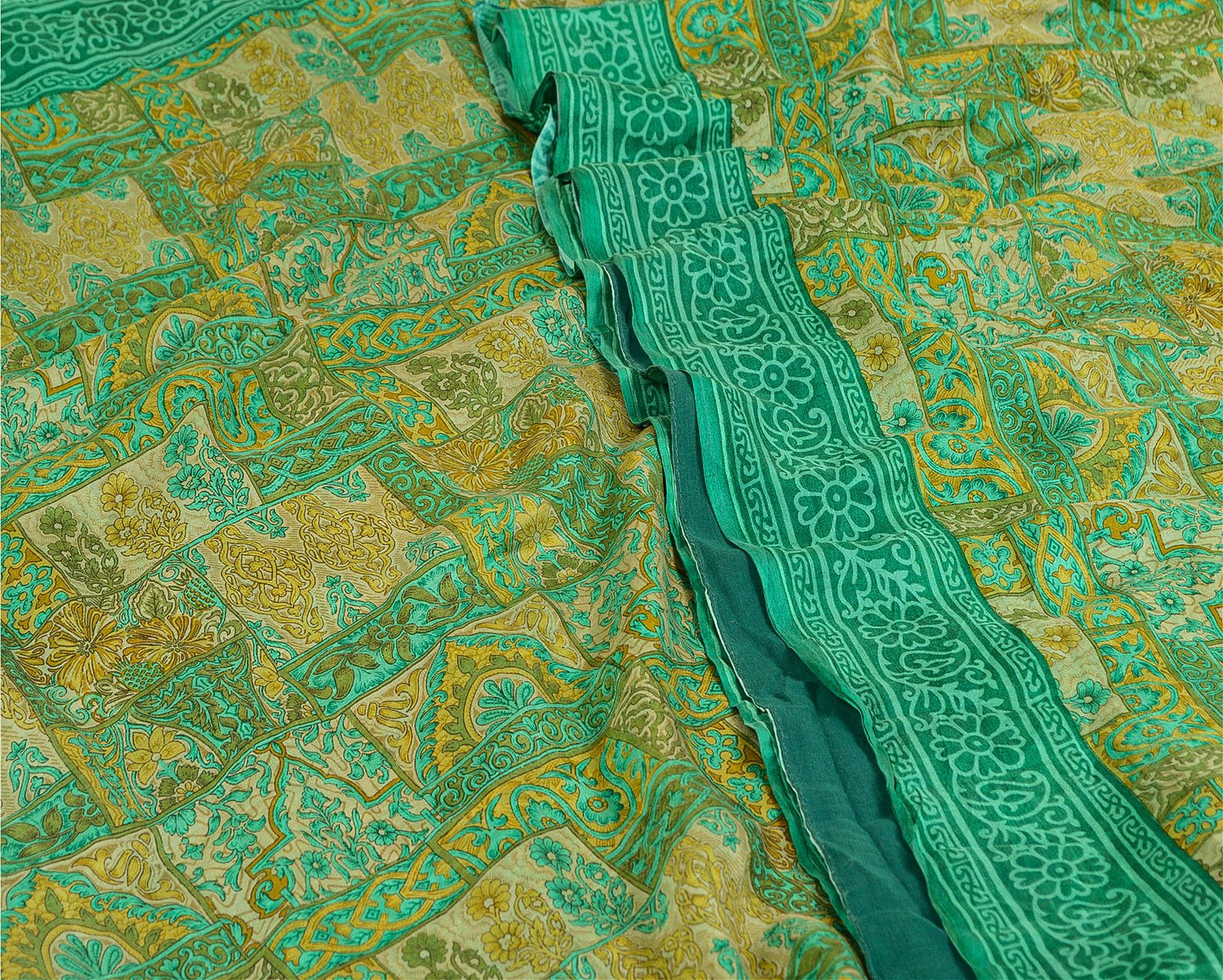 Sanskriti Vintage Sarees Indian Green Pure Silk Printed Sari 5yd Craft Sustainable Fabric