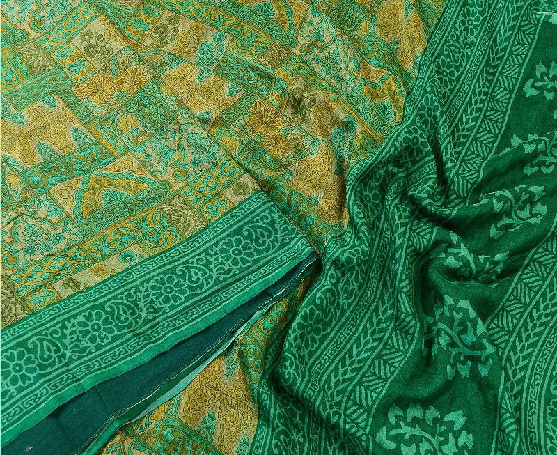 Sanskriti Vintage Sarees Indian Green Pure Silk Printed Sari 5yd Craft Sustainable Fabric