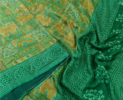 Sanskriti Vintage Sarees Indian Green Pure Silk Printed Sari 5yd Craft Sustainable Fabric