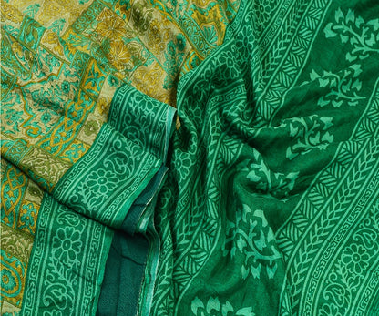 Sanskriti Vintage Sarees Indian Green Pure Silk Printed Sari 5yd Craft Sustainable Fabric
