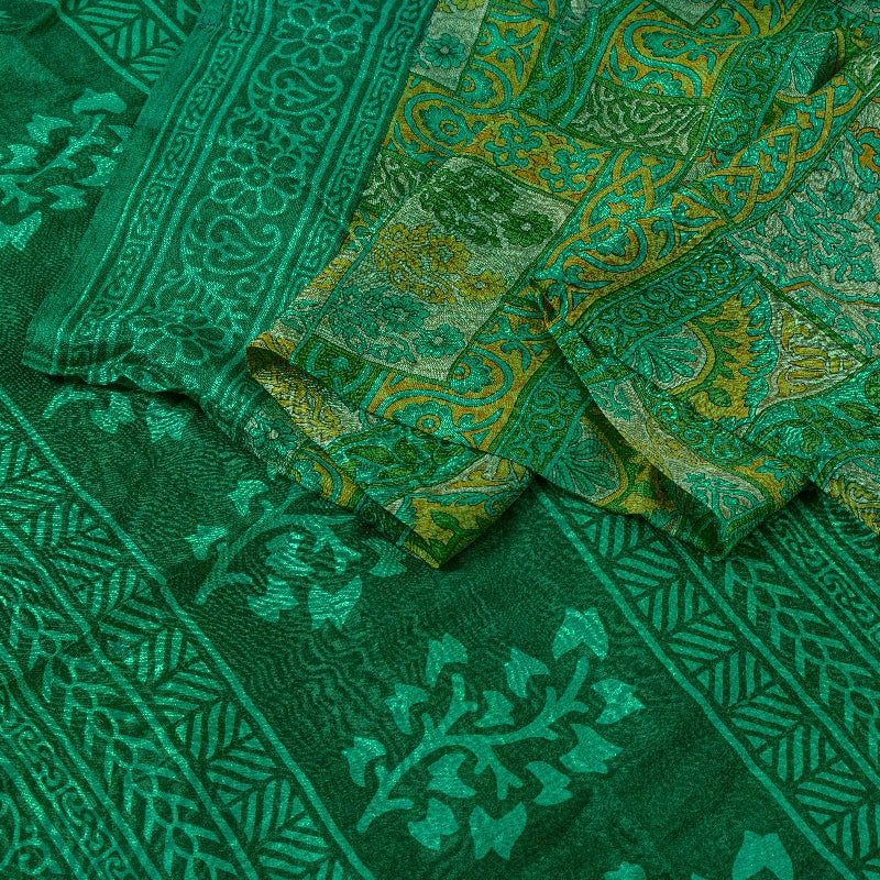 Sanskriti Vintage Sarees Indian Green Pure Silk Printed Sari 5yd Craft Sustainable Fabric