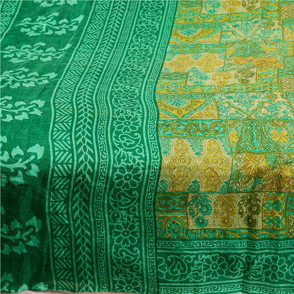 Sanskriti Vintage Sarees Indian Green Pure Silk Printed Sari 5yd Craft Sustainable Fabric