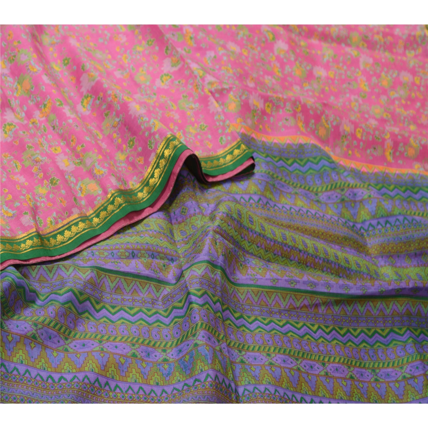 Sanskriti Vintage Sarees Pink Zari Border Pure Silk Printed Sari Craft Fabric