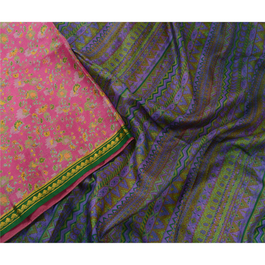 Sanskriti Vintage Sarees Pink Zari Border Pure Silk Printed Sari Craft Fabric