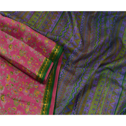 Sanskriti Vintage Sarees Pink Zari Border Pure Silk Printed Sari Craft Fabric