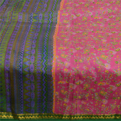 Sanskriti Vintage Sarees Pink Zari Border Pure Silk Printed Sari Craft Fabric