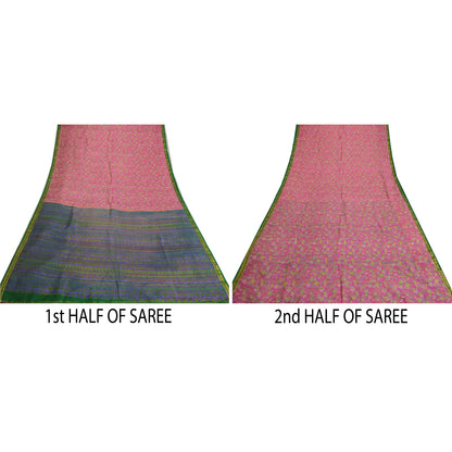 Sanskriti Vintage Sarees Pink Zari Border Pure Silk Printed Sari Craft Fabric