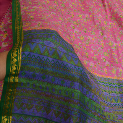 Sanskriti Vintage Sarees Pink Zari Border Pure Silk Printed Sari Craft Fabric