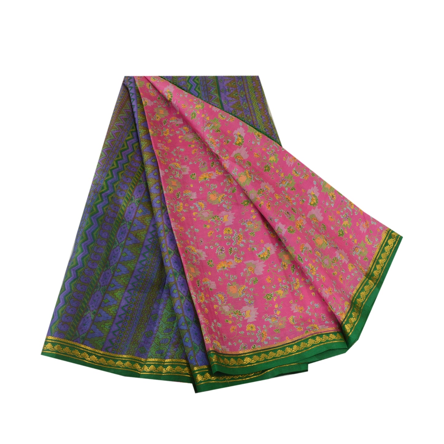 Sanskriti Vintage Sarees Pink Zari Border Pure Silk Printed Sari Craft Fabric