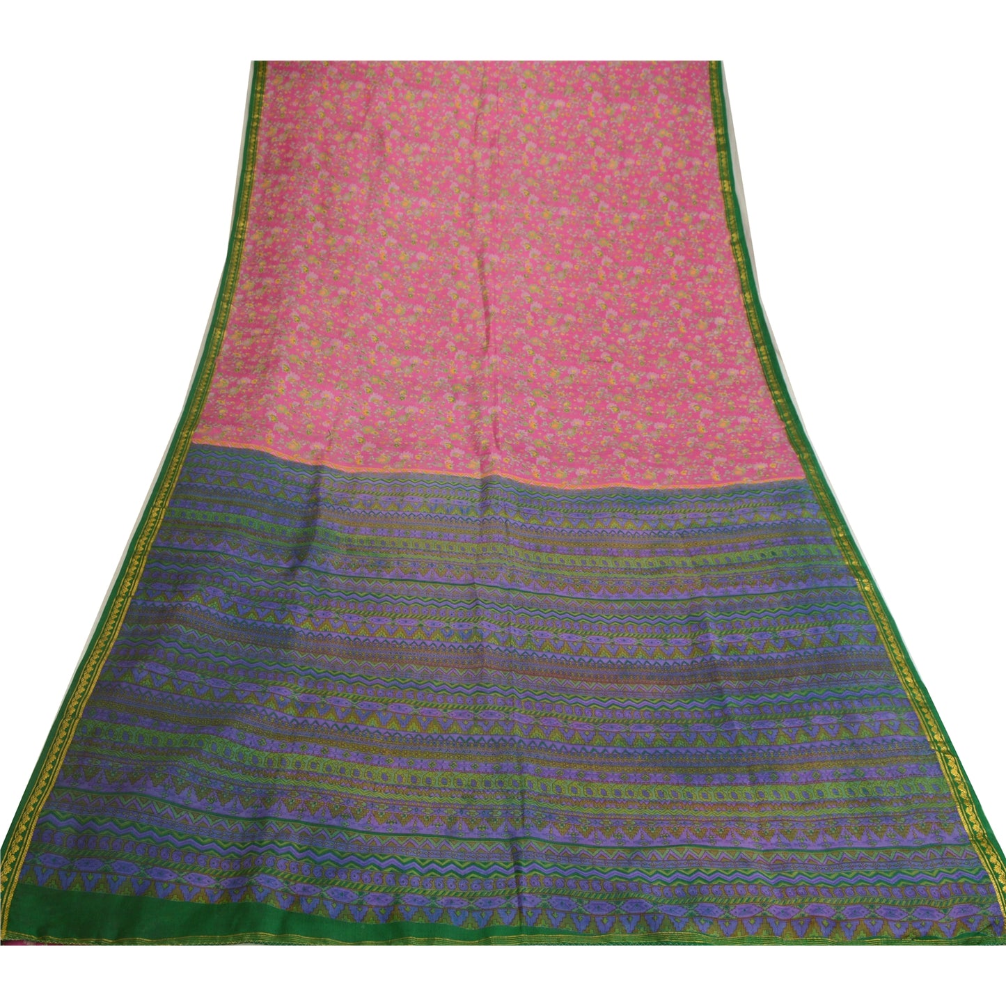 Sanskriti Vintage Sarees Pink Zari Border Pure Silk Printed Sari Craft Fabric