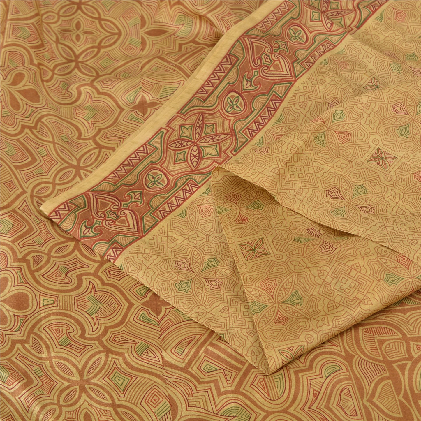 Sanskriti Vintage Sarees Shades of Cream Printed Pure Silk Sari 6yd Craft Sustainable Fabric