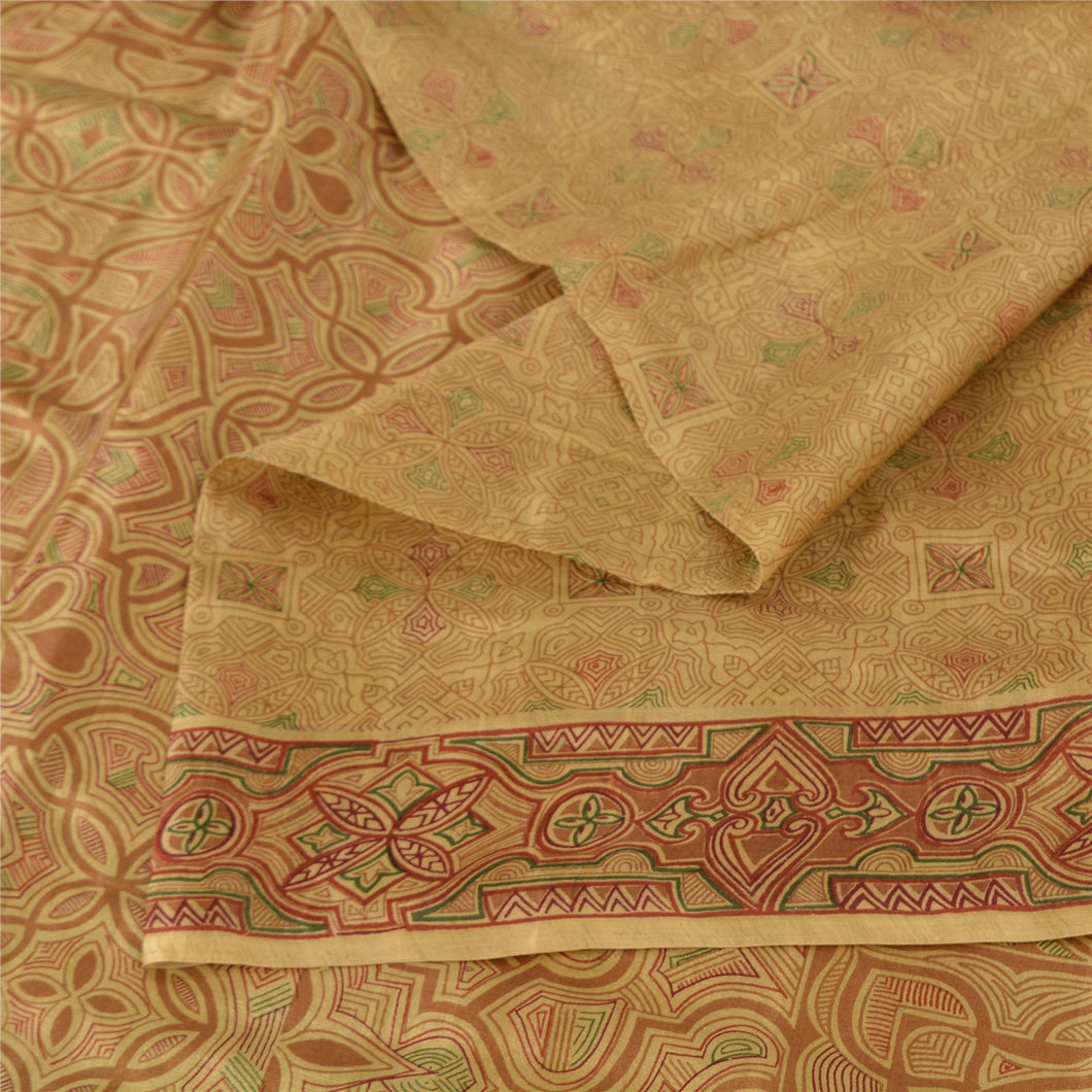 Sanskriti Vintage Sarees Shades of Cream Printed Pure Silk Sari 6yd Craft Fabric