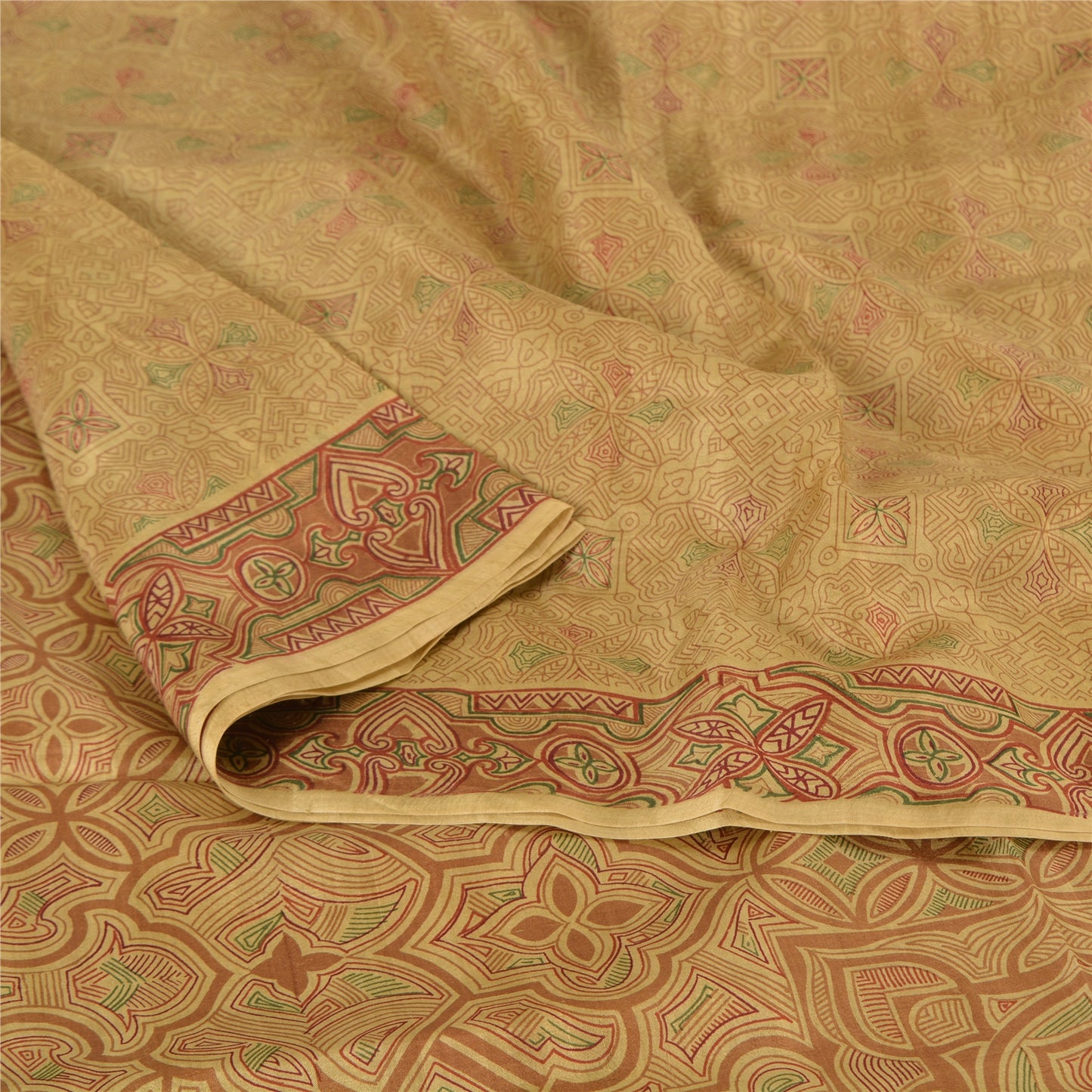 Sanskriti Vintage Sarees Shades of Cream Printed Pure Silk Sari 6yd Craft Sustainable Fabric