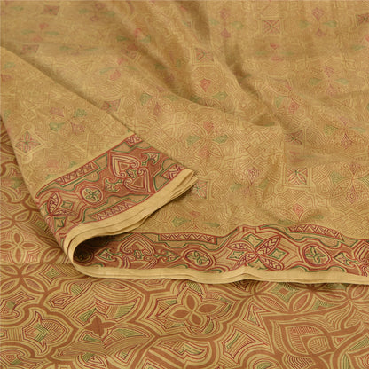 Sanskriti Vintage Sarees Shades of Cream Printed Pure Silk Sari 6yd Craft Sustainable Fabric