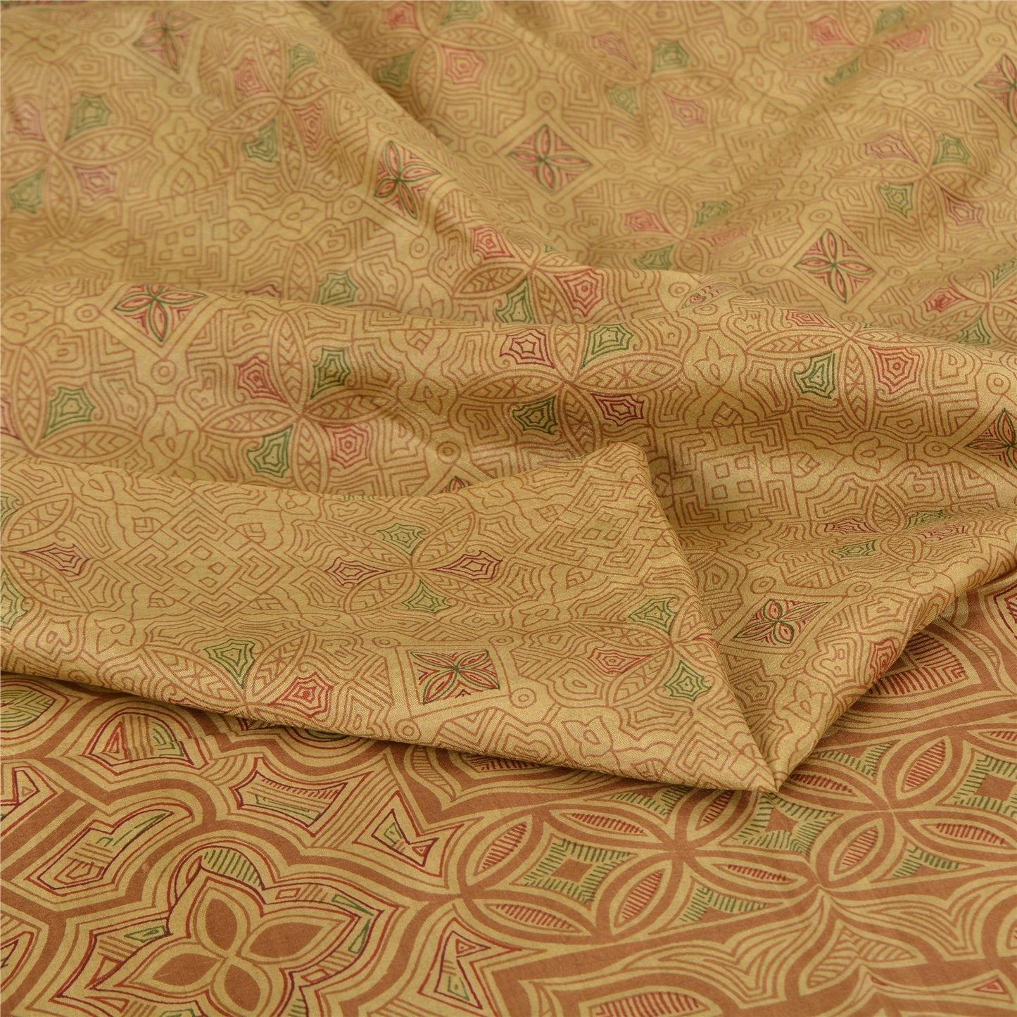 Sanskriti Vintage Sarees Shades of Cream Printed Pure Silk Sari 6yd Craft Sustainable Fabric