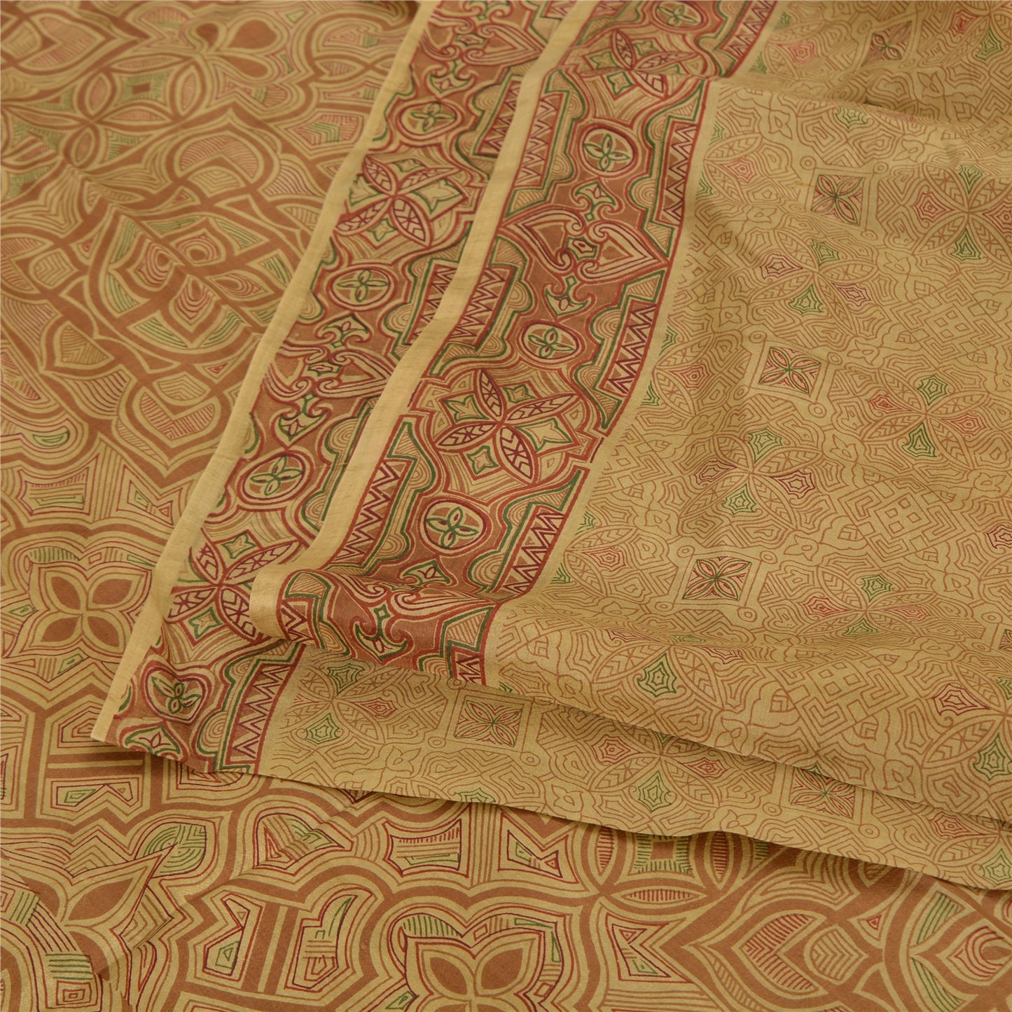 Sanskriti Vintage Sarees Shades of Cream Printed Pure Silk Sari 6yd Craft Sustainable Fabric