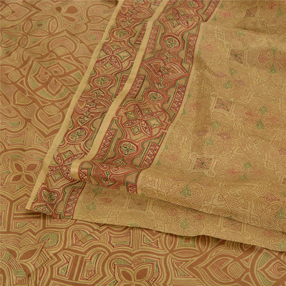 Sanskriti Vintage Sarees Shades of Cream Printed Pure Silk Sari 6yd Craft Sustainable Fabric