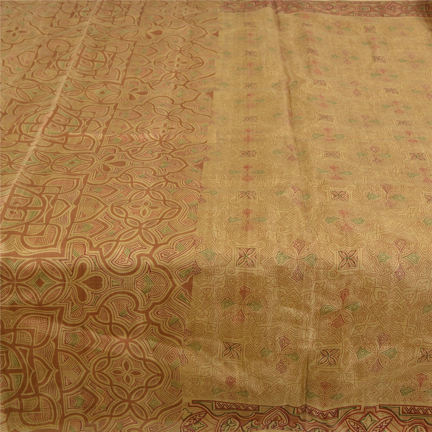 Sanskriti Vintage Sarees Shades of Cream Printed Pure Silk Sari 6yd Craft Sustainable Fabric