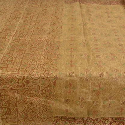 Sanskriti Vintage Sarees Shades of Cream Printed Pure Silk Sari 6yd Craft Sustainable Fabric