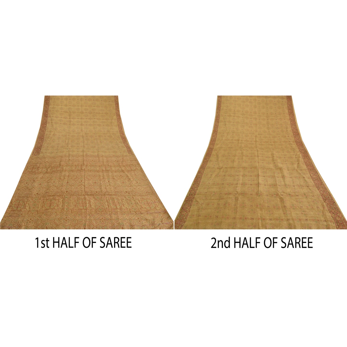 Sanskriti Vintage Sarees Shades of Cream Printed Pure Silk Sari 6yd Craft Sustainable Fabric