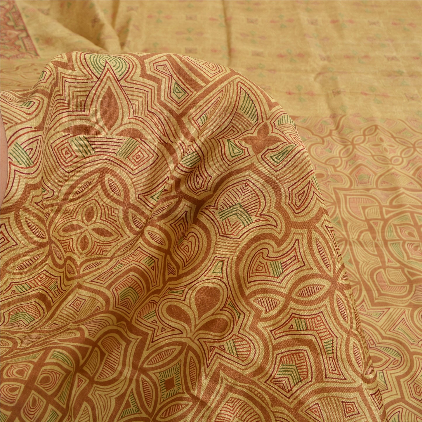 Sanskriti Vintage Sarees Shades of Cream Printed Pure Silk Sari 6yd Craft Sustainable Fabric
