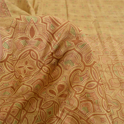 Sanskriti Vintage Sarees Shades of Cream Printed Pure Silk Sari 6yd Craft Sustainable Fabric