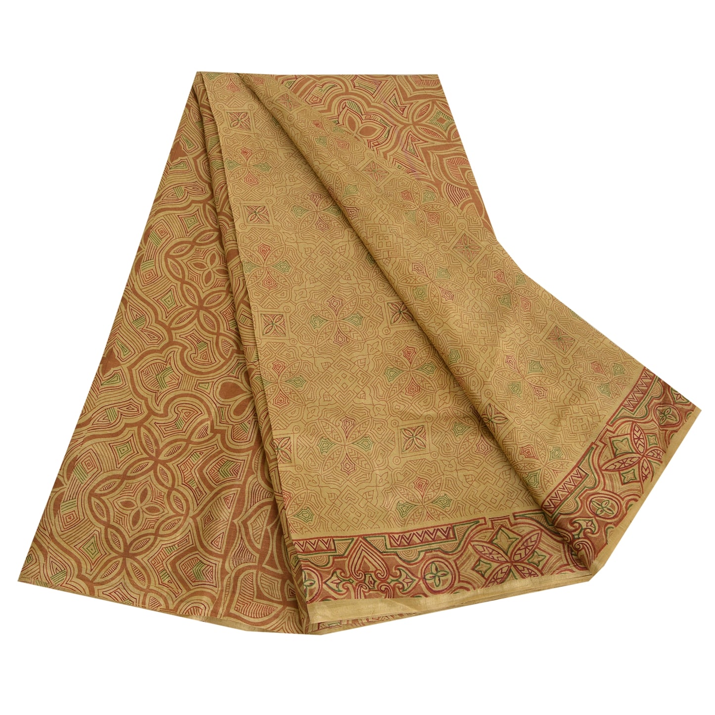 Sanskriti Vintage Sarees Shades of Cream Printed Pure Silk Sari 6yd Craft Sustainable Fabric