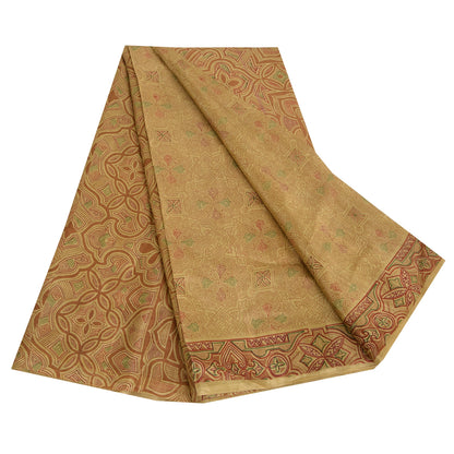 Sanskriti Vintage Sarees Shades of Cream Printed Pure Silk Sari 6yd Craft Sustainable Fabric