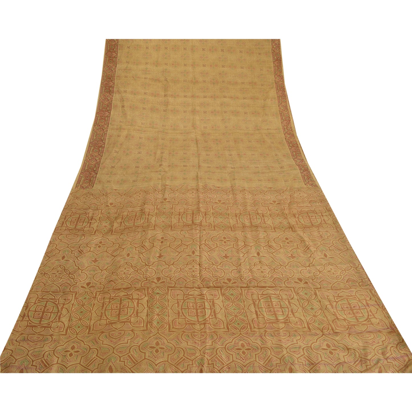 Sanskriti Vintage Sarees Shades of Cream Printed Pure Silk Sari 6yd Craft Sustainable Fabric