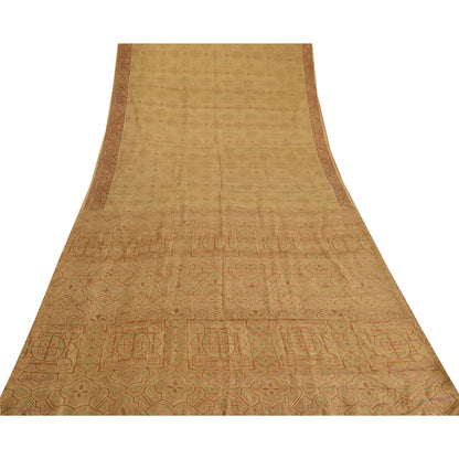 Sanskriti Vintage Sarees Shades of Cream Printed Pure Silk Sari 6yd Craft Sustainable Fabric