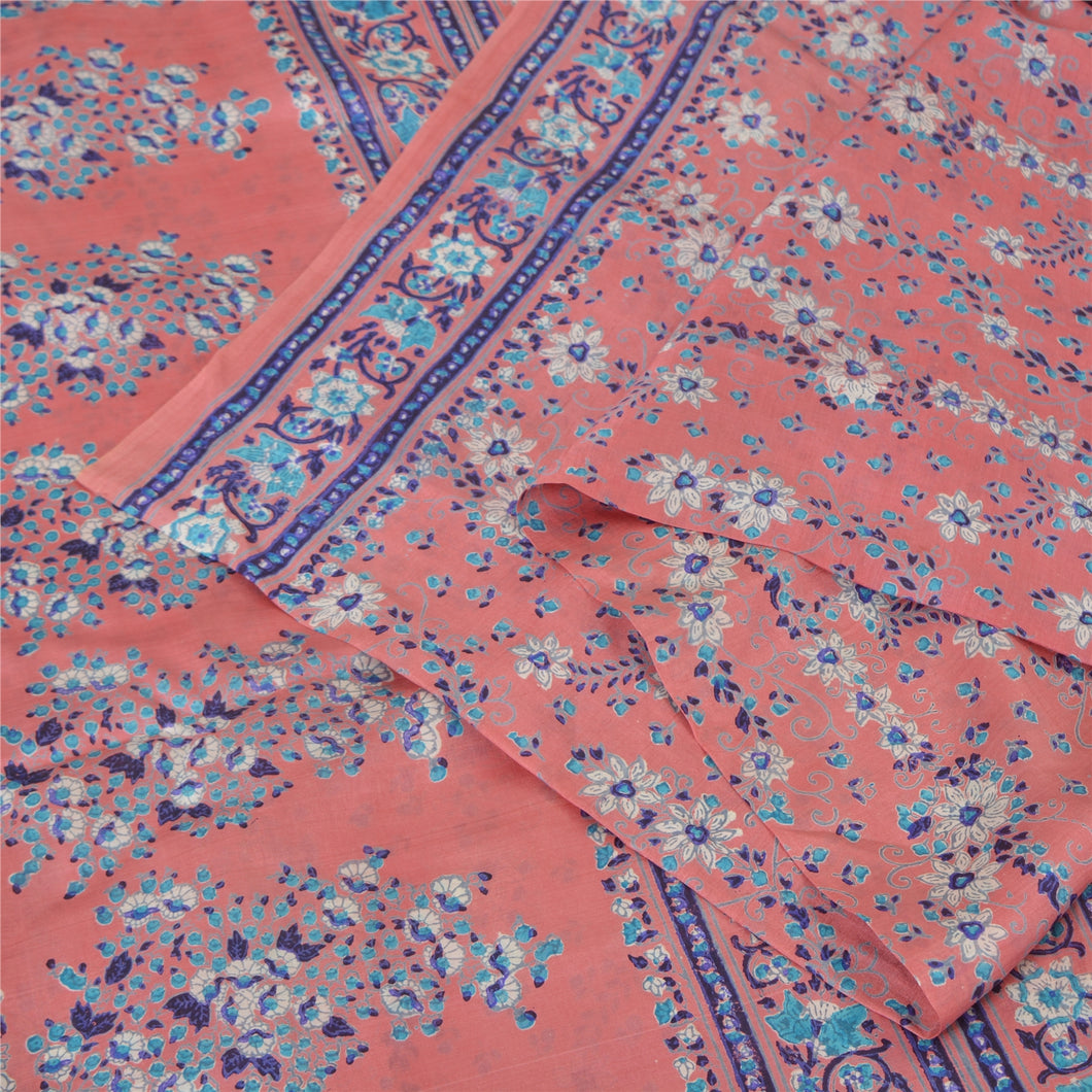 Sanskriti Vintage Sarees Indian Pink/Blue Pure Silk Printed Sari Craft Fabric