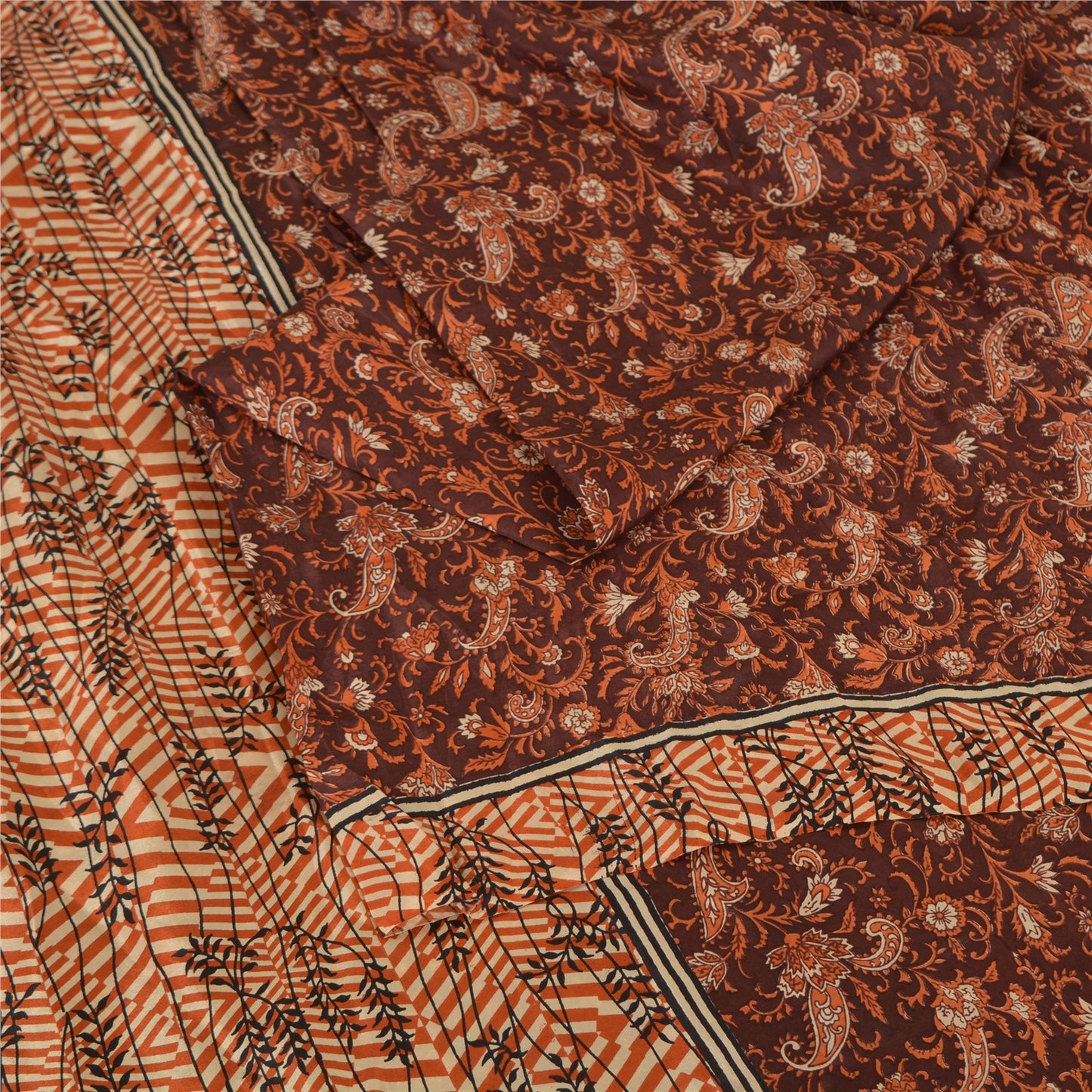 Sanskriti Vintage Sarees Indian Dark Brown Pure Silk Printed Sari Craft Fabric