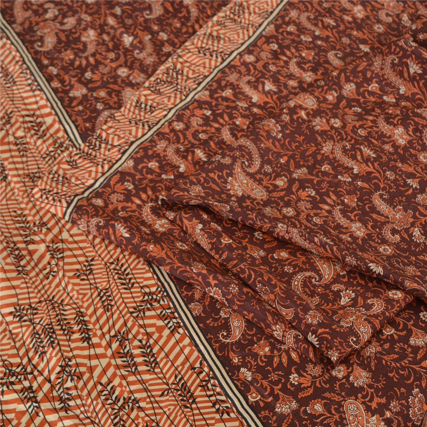 Sanskriti Vintage Sarees Indian Dark Brown Pure Silk Printed Sari Craft Fabric