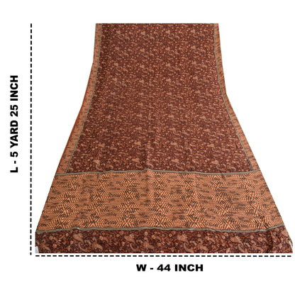 Sanskriti Vintage Sarees Indian Dark Brown Pure Silk Printed Sari Craft Fabric