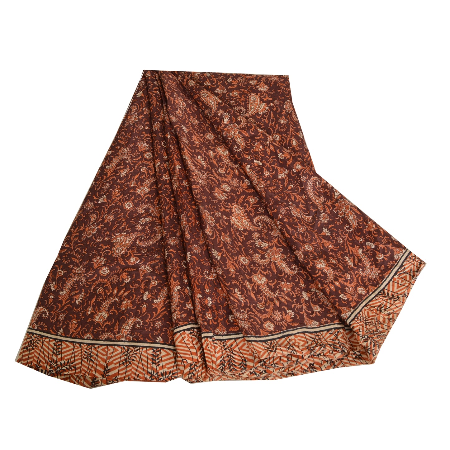 Sanskriti Vintage Sarees Indian Dark Brown Pure Silk Printed Sari Craft Fabric