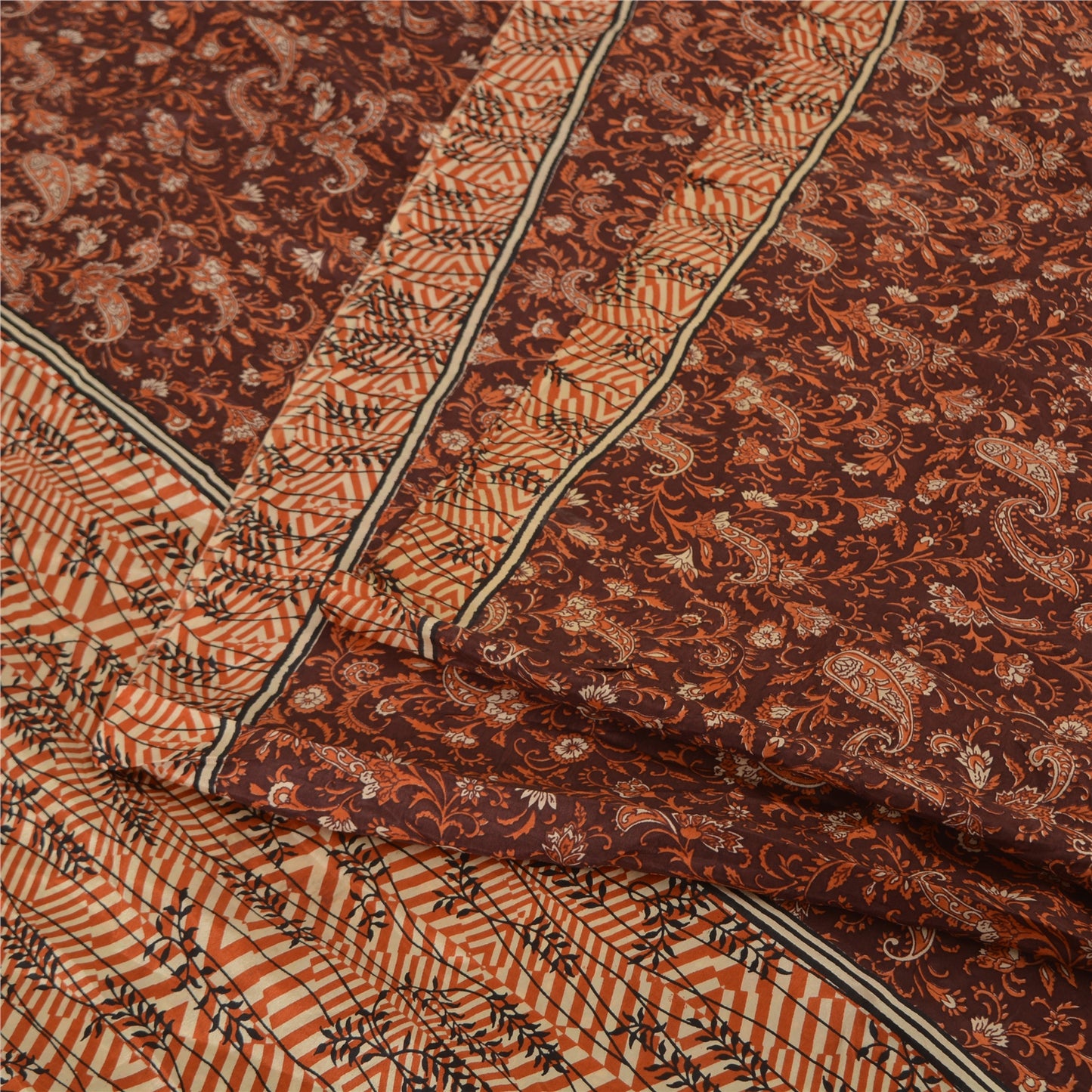 Sanskriti Vintage Sarees Indian Dark Brown Pure Silk Printed Sari Craft Fabric