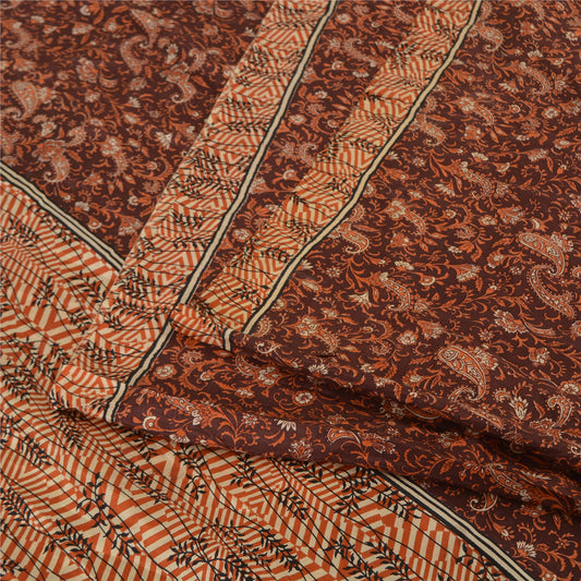Sanskriti Vintage Sarees Indian Dark Brown Pure Silk Printed Sari Craft Fabric