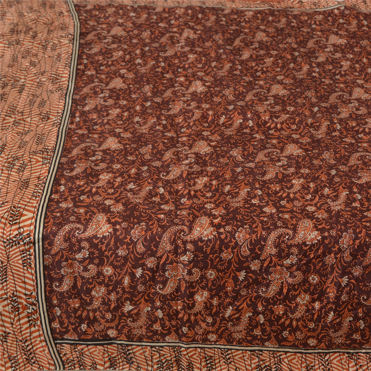 Sanskriti Vintage Sarees Indian Dark Brown Pure Silk Printed Sari Craft Fabric
