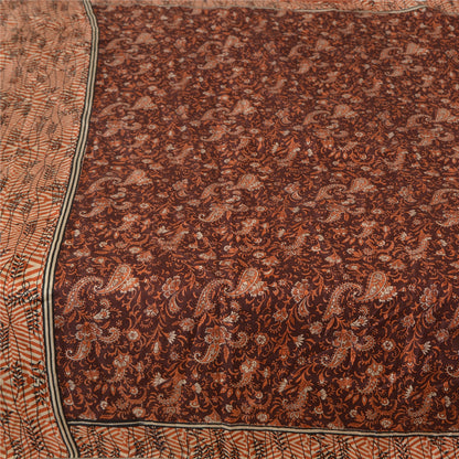 Sanskriti Vintage Sarees Indian Dark Brown Pure Silk Printed Sari Craft Fabric