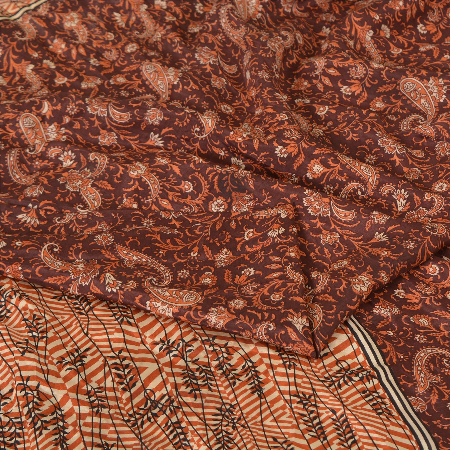 Sanskriti Vintage Sarees Indian Dark Brown Pure Silk Printed Sari Craft Fabric