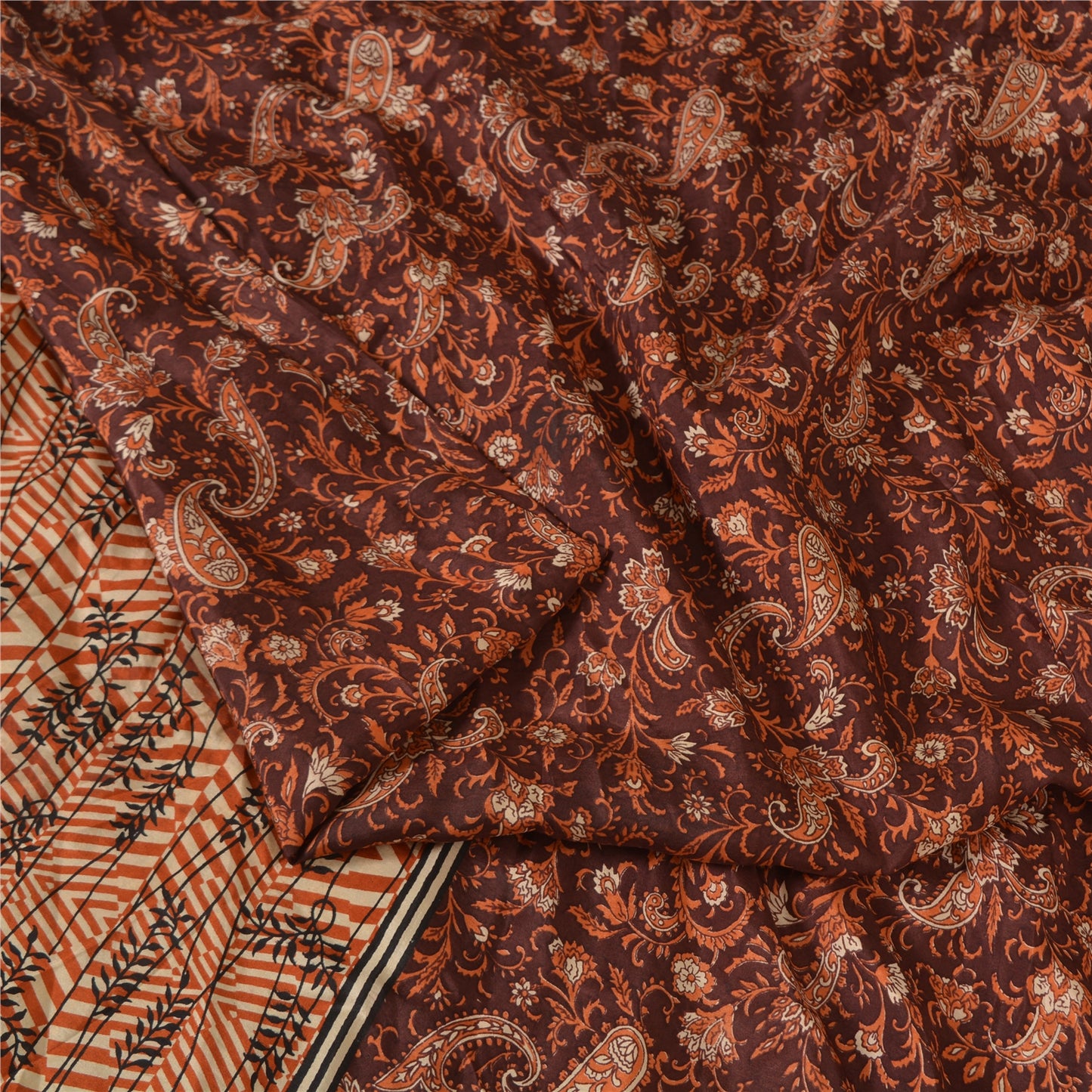 Sanskriti Vintage Sarees Indian Dark Brown Pure Silk Printed Sari Craft Fabric