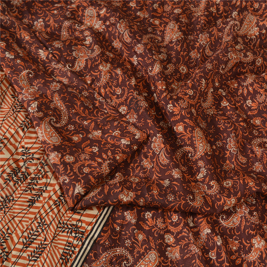 Sanskriti Vintage Sarees Indian Dark Brown Pure Silk Printed Sari Craft Fabric